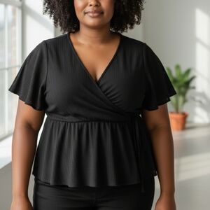 New Plus Size Ribbed Knit Flounce Sleeve Elegant Women's Top In Black Size 3X